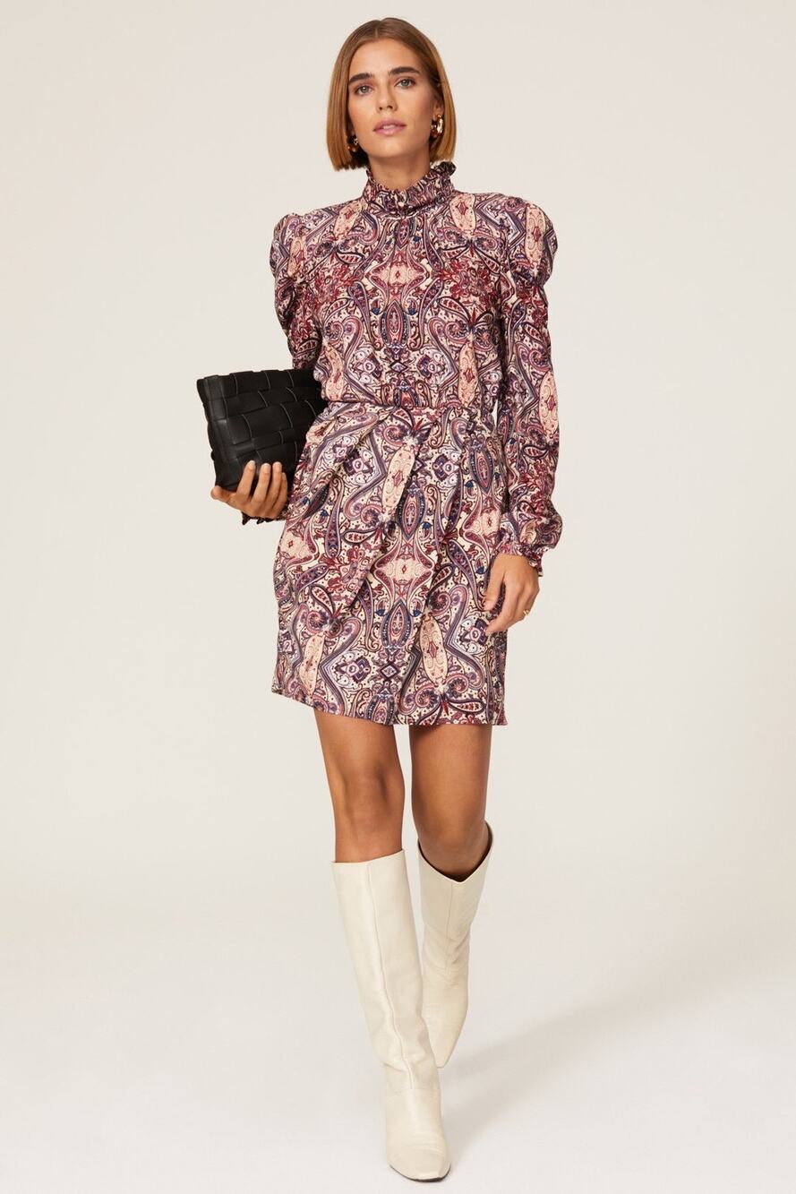 Slate & Willow Paisley Print Puff Long Sleeve Mock Neck A-Line Mini Dress Size S